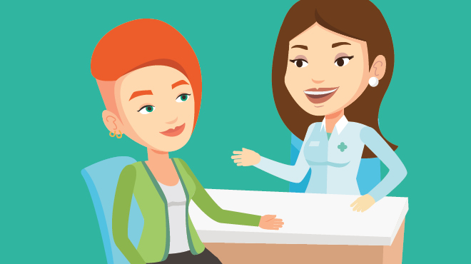 Female patient with doctor caricature