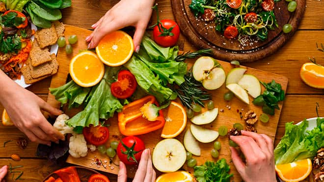 Fruits and vegetables on cutting board