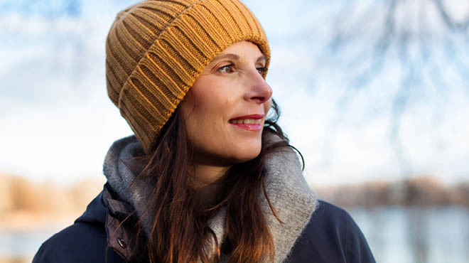 Outside wearing knit hat with coat