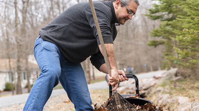 Raking and bagging leaves